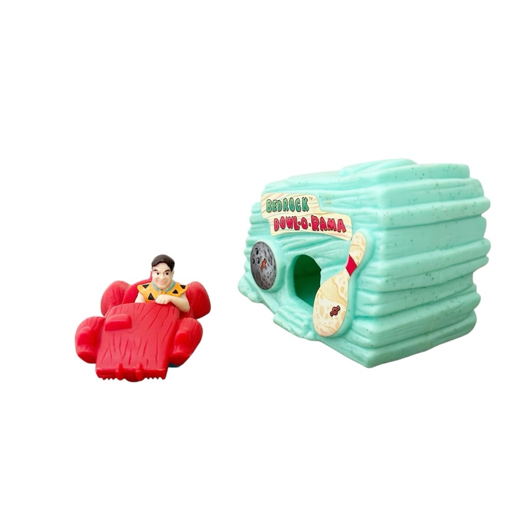 Vintage 90’s Flintstones Bowling Set with Red Fred Flinstone Car & Green Garage